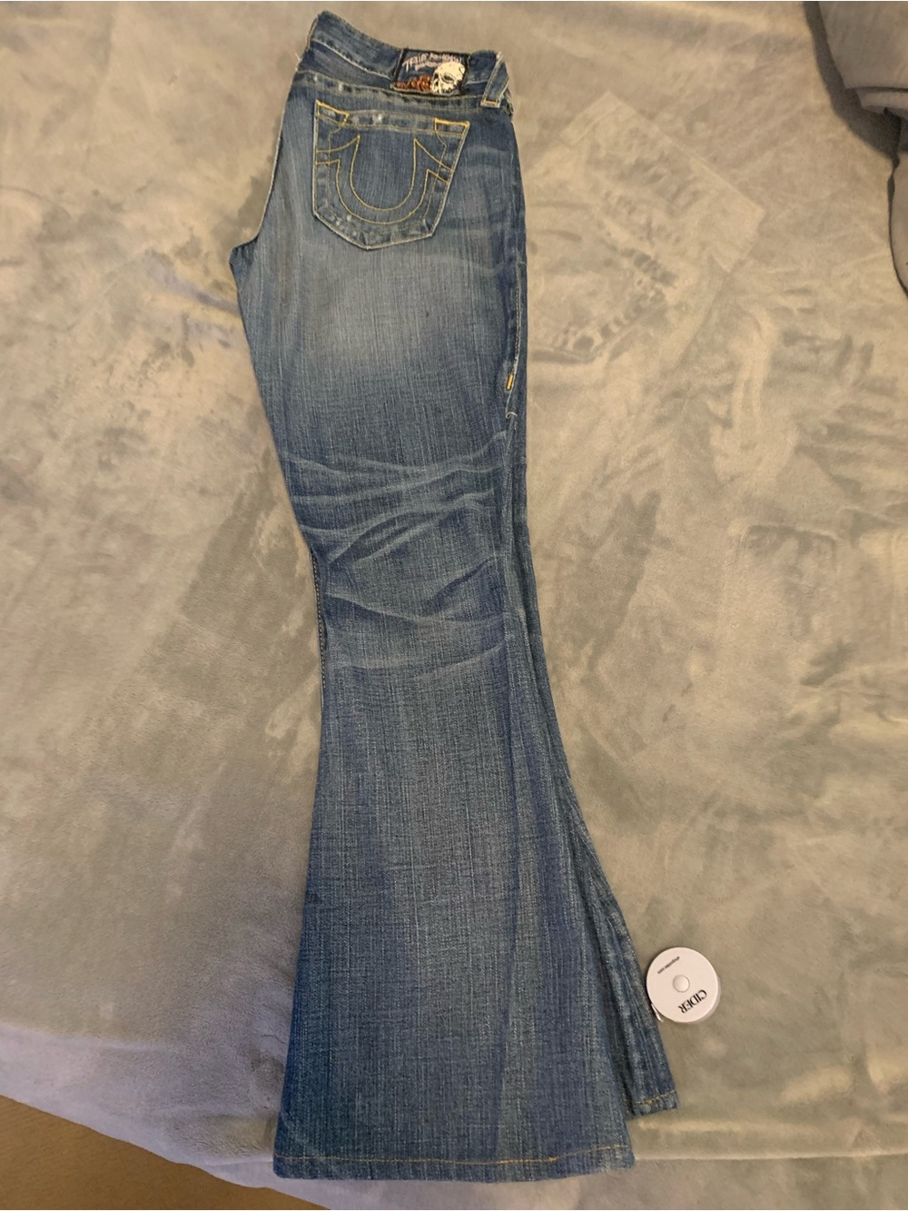 True Religion Women's Medium Blue Flare Jeans with Signature Pocket Stitch